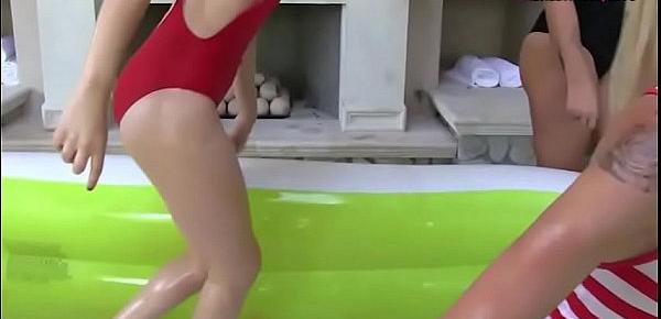  Teen besties wrestle in inflatable pool